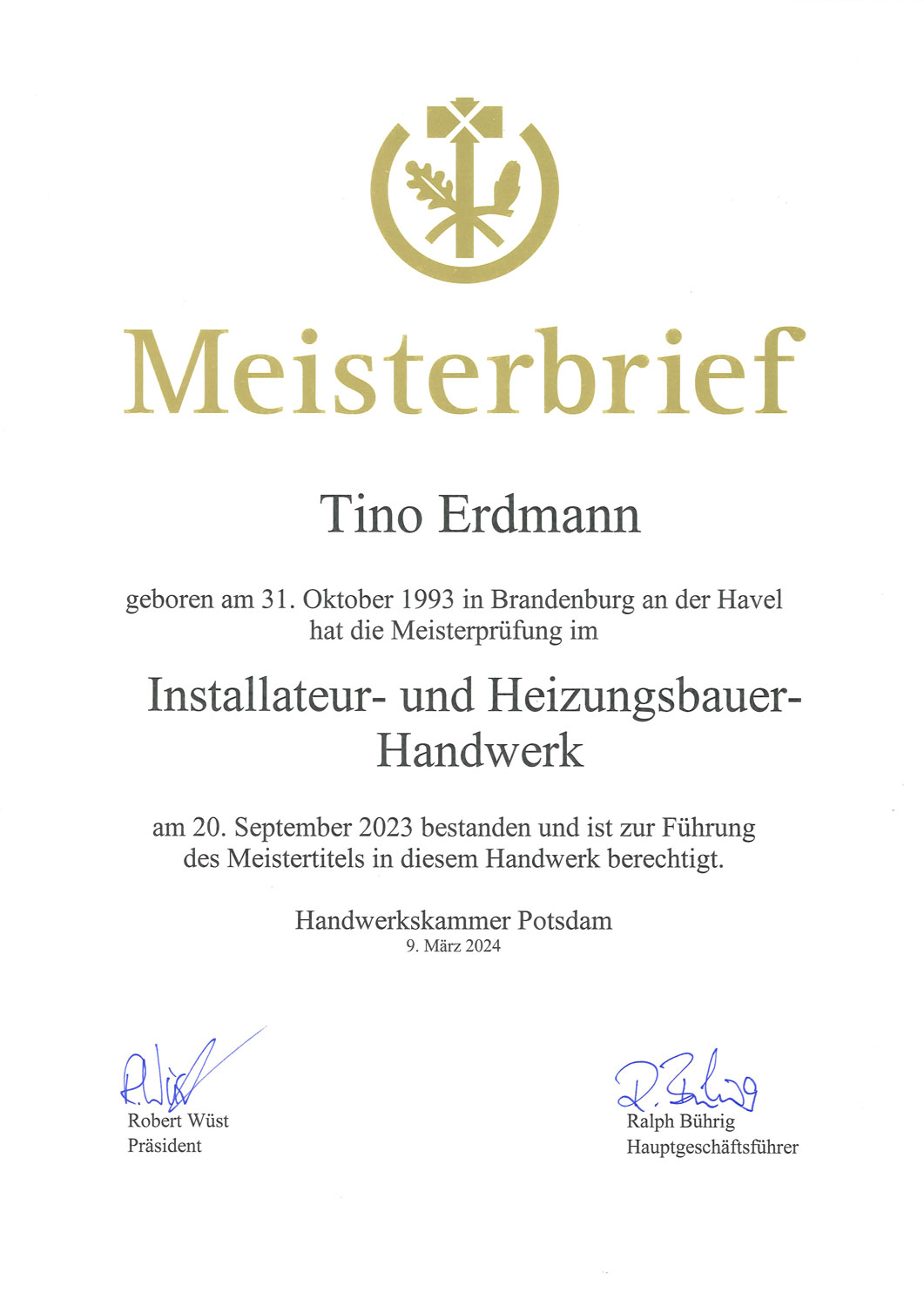 Meisterbrief Installateuer- und Heizungsbauer-Handwerk Tino Erdmann